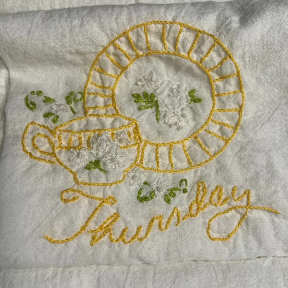 Vintage Lot of 7 Days of The Week Tea Cup Party Flour Sack Towels Dishes Teapot